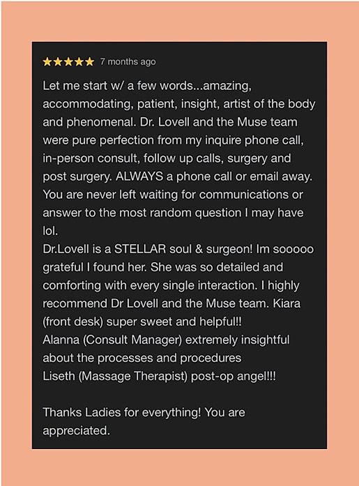 Patient review praising Dr. Lovell and team.