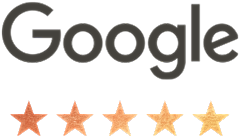 Google logo with five star ratings.