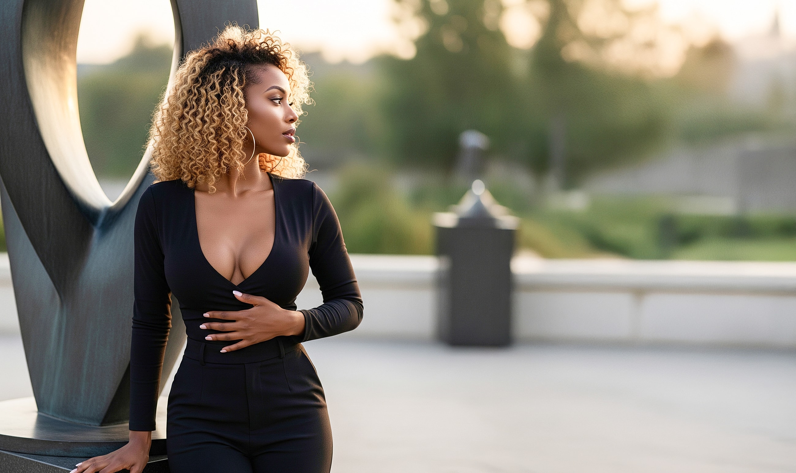 Model in stylish outfit by abstract sculpture.